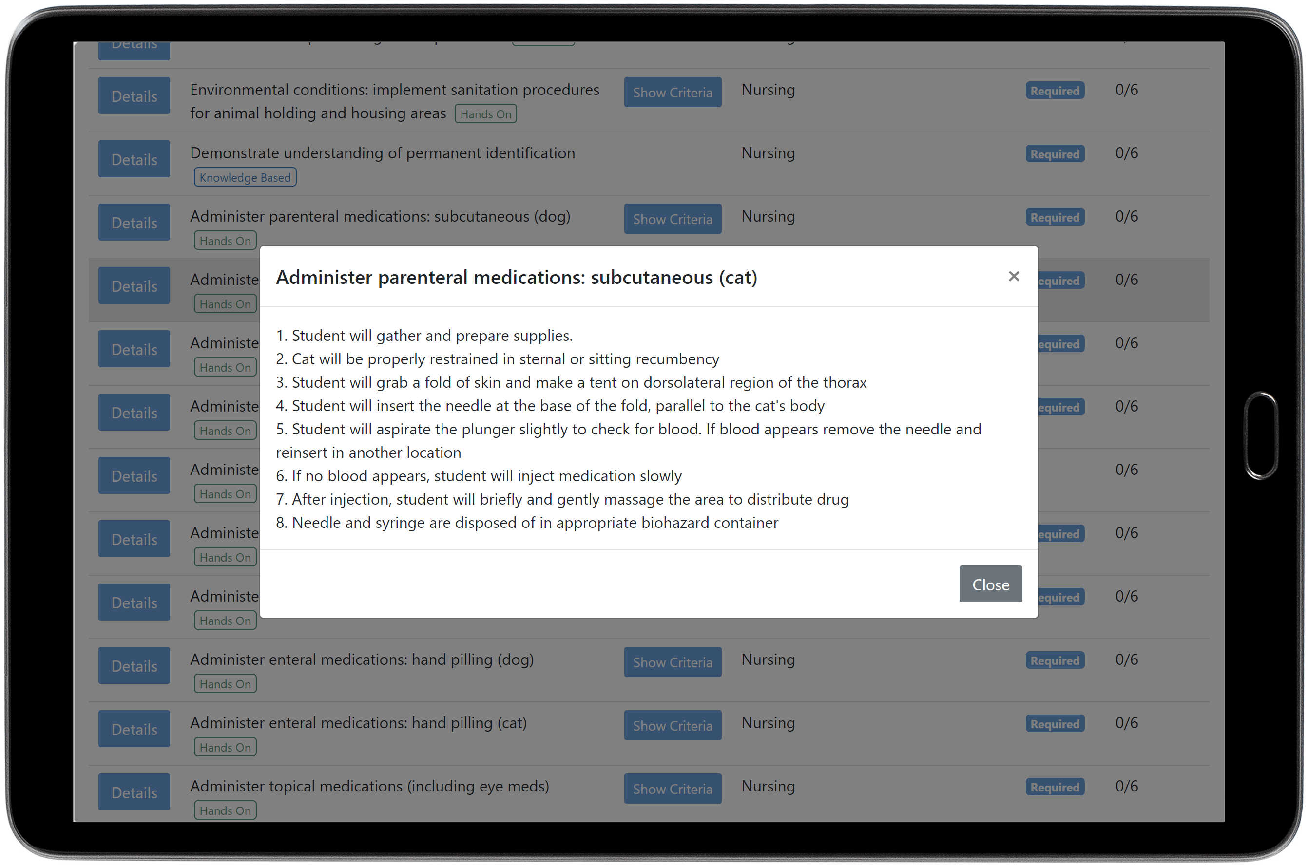 screen shot showing the text of a skill criteria