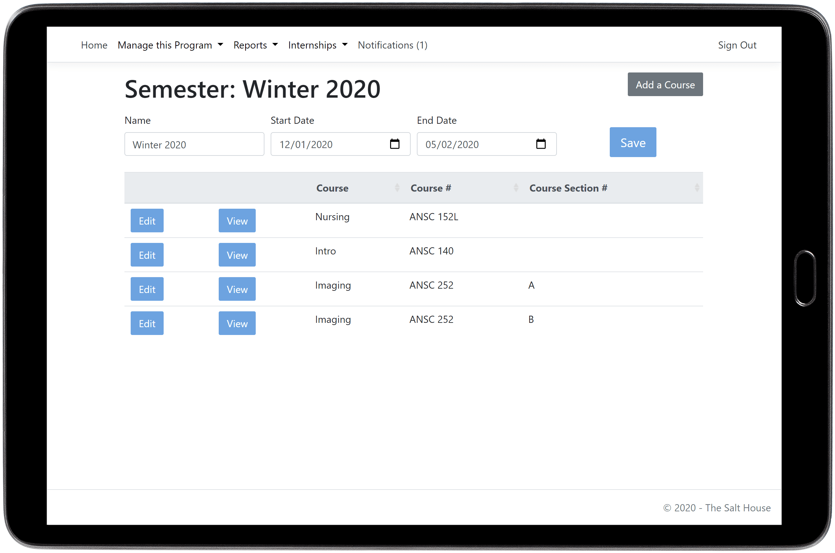 screen shot showing the semester setup screen