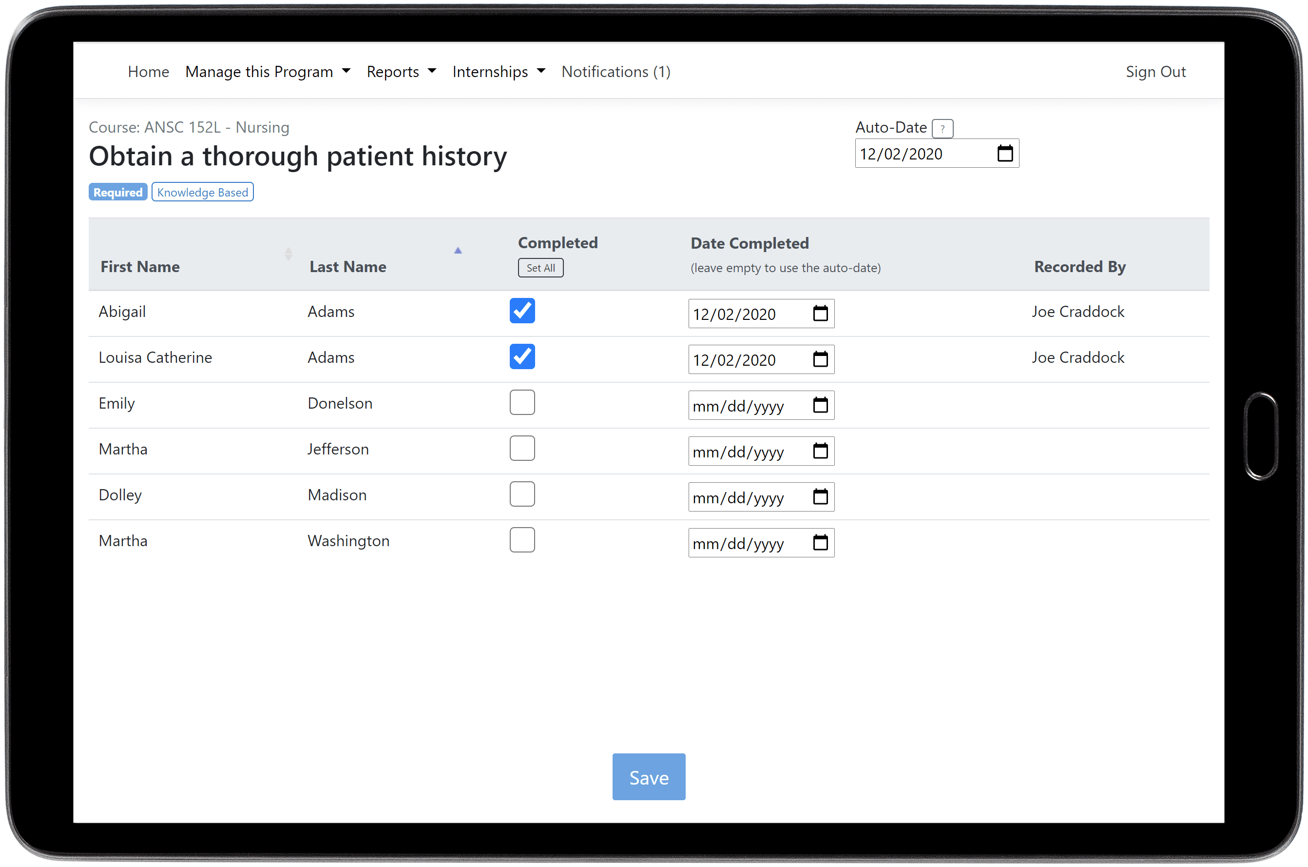 screen shot showing a list of students with skills being checked off